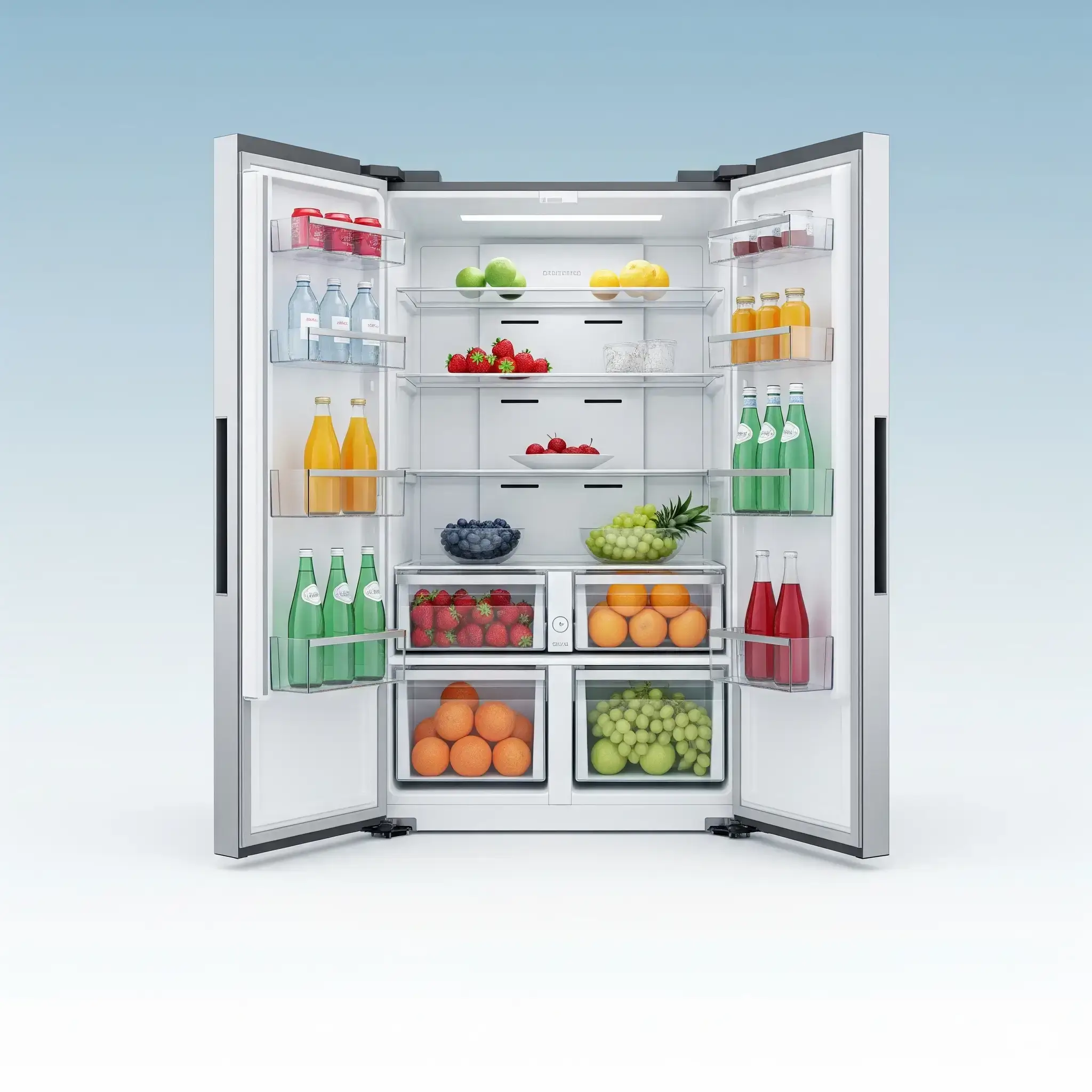 یخچال و فریزر درب باز داخل یخچال میوه و نوشیدنی